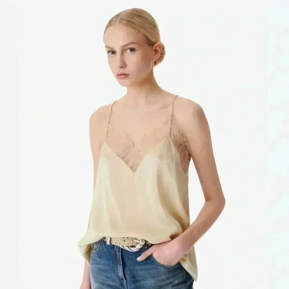 NWT IRO Paris Berwyn Silk Lace Trim Camisole Top Sand Beige Tan 36 S - Picture 1 of 4